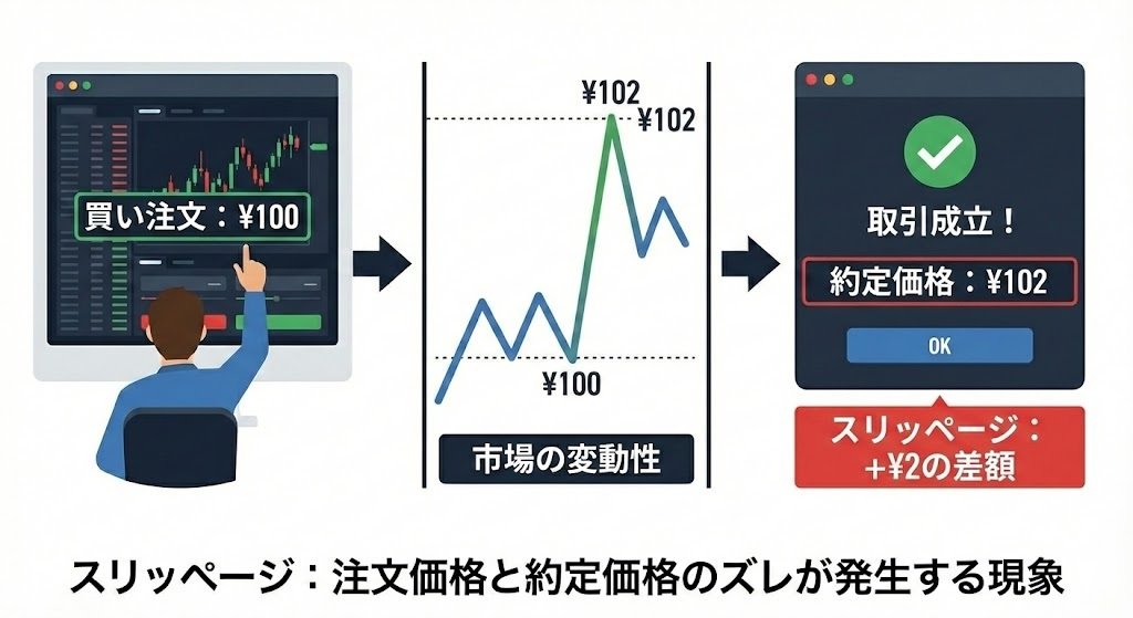 スリッページの例：買い注文¥100が価格変動で¥102で約定する（差額¥2）