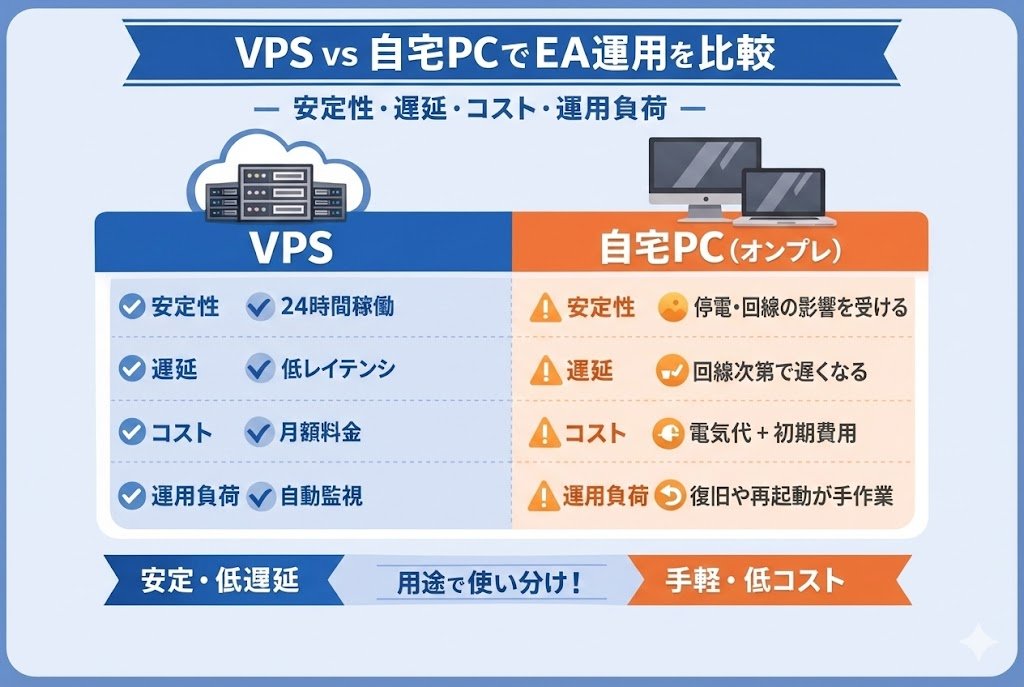 VPSと自宅PC(オンプレ)でEA運用を比較(安定性・遅延・コスト・運用負荷)