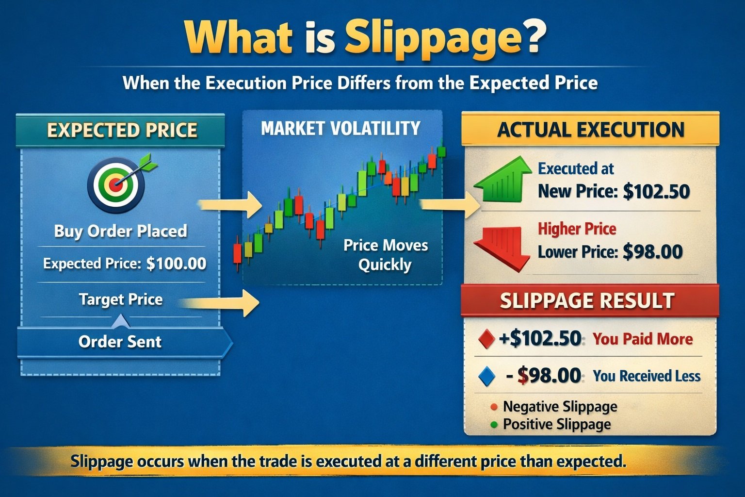 Slippage infographic: expected price vs actual execution price (positive/negative slippage).