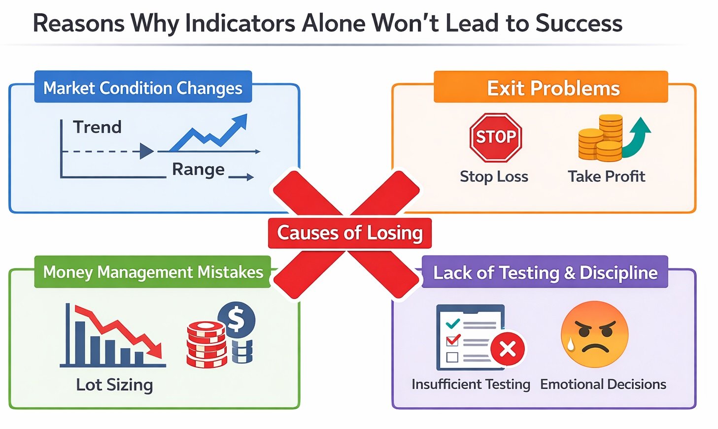 Why indicators alone often fail (market regime, exits, money management, lack of validation)