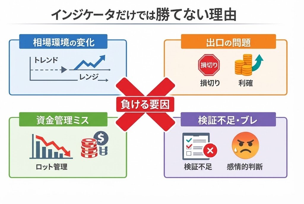 インジケータだけでは勝てない原因（相場環境・出口・資金管理・検証不足）