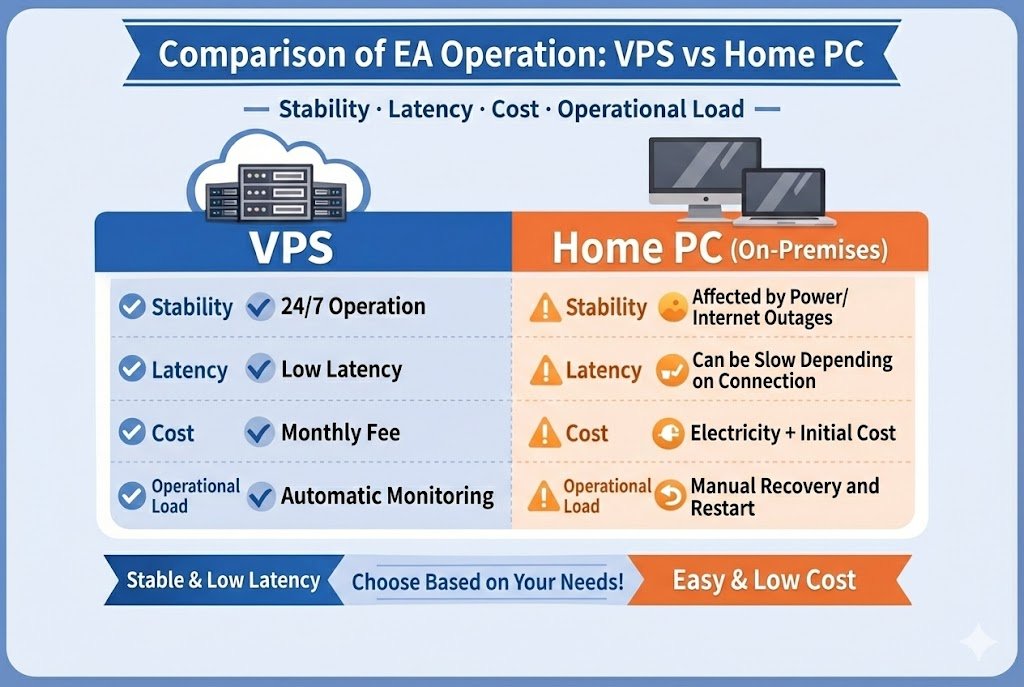 VPS vs home PC (on-prem): comparing EA operation for stability, latency, cost, and operational effort
